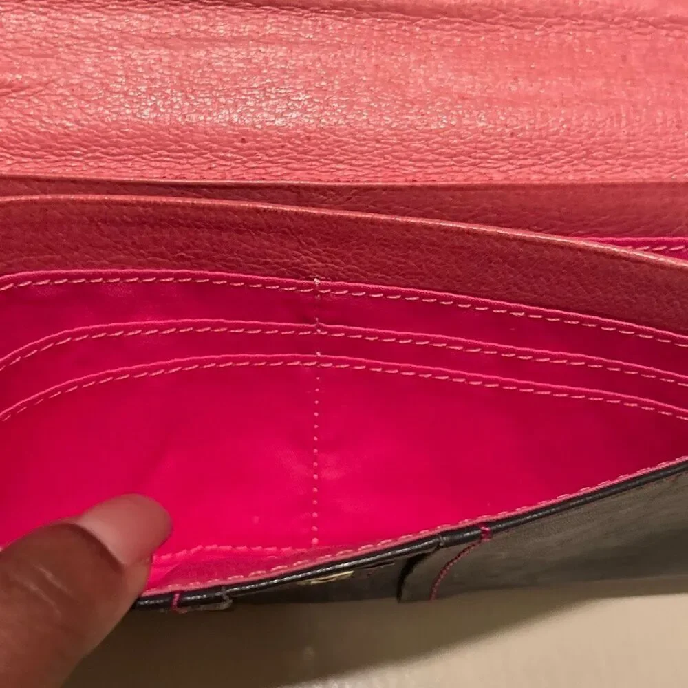 Frame Work Black Leather Long Wallet Hot Pink Contrast Stitch Accent Y2K Style